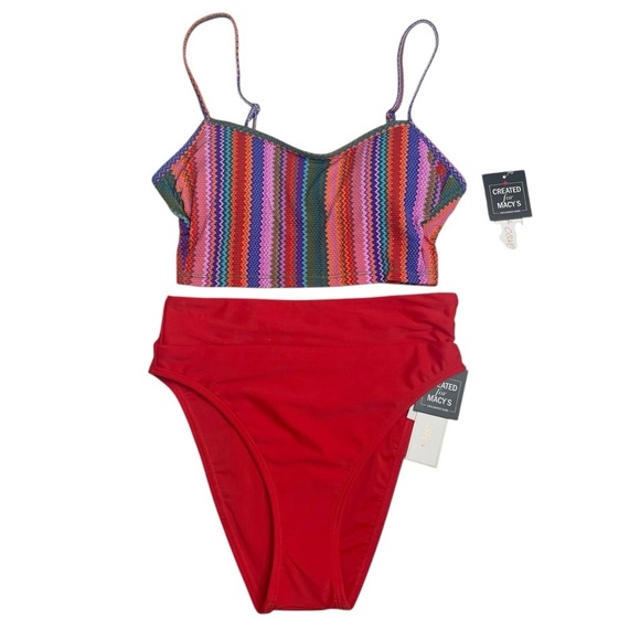 Salt + Cove Ziggy Pop Longline Bikini Top & High-Waist Swim Bottoms Vermillion - Picture 1 of 10